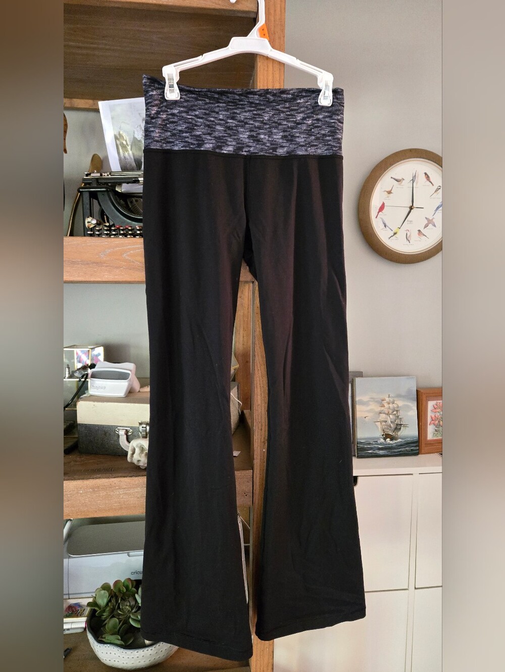 Lululemon Women’s Black Yoga Pants with Marled Gray Waistband (Flare)